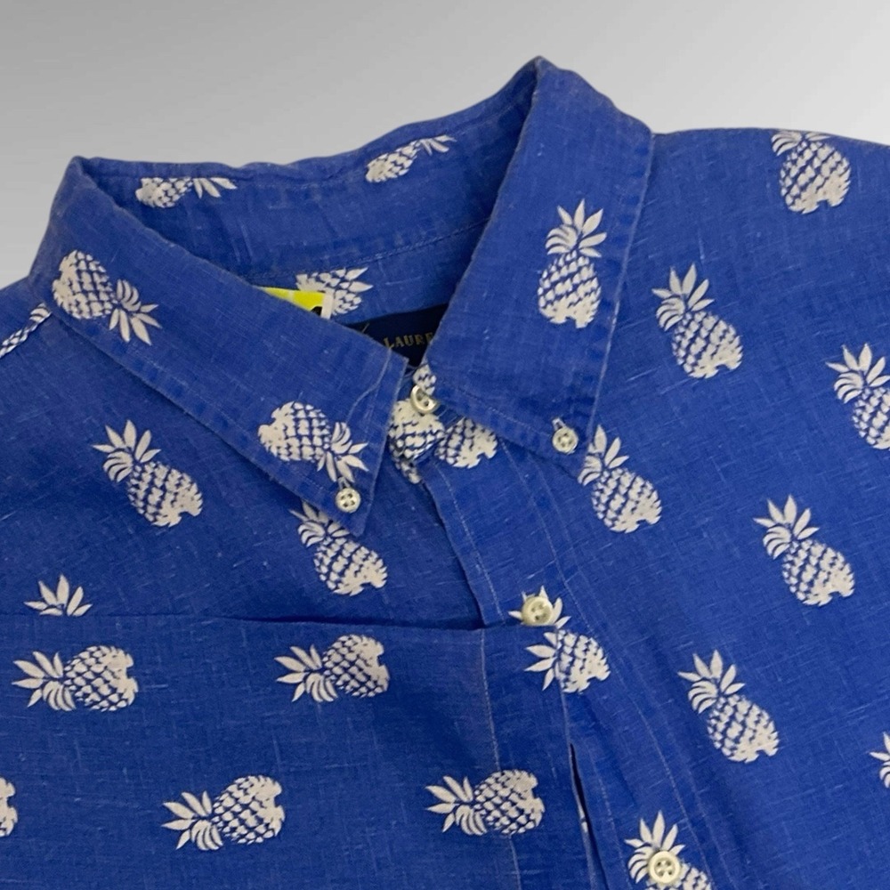 Ralph Lauren Shirt Mens 3XB Blue Short Sleeve 100% Linen Pineapple Hawaiian - Picture 2 of 10